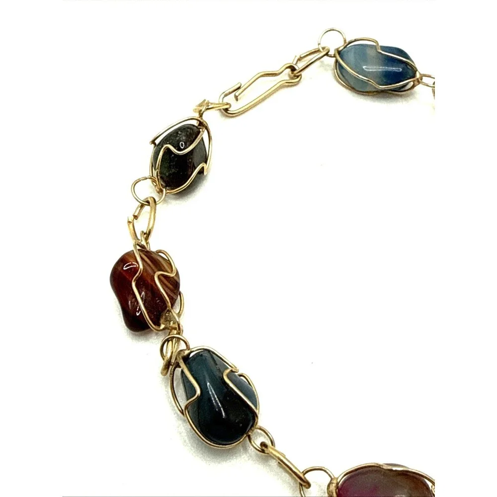 Vintage Wire Wrapped Natural Stone Bracelet Multicolor Cased Polished Boho 7.5